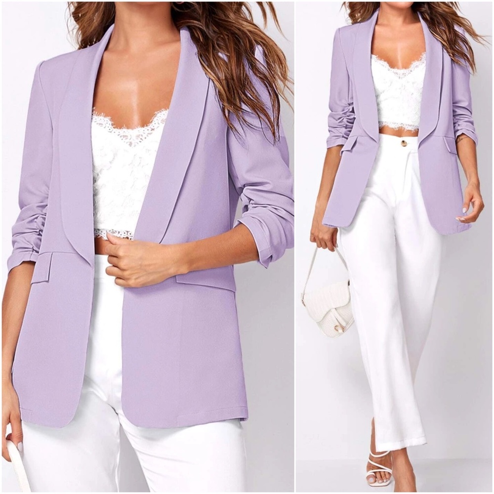 Classic Ruched 1/2 Sleeve Open Front Blazer